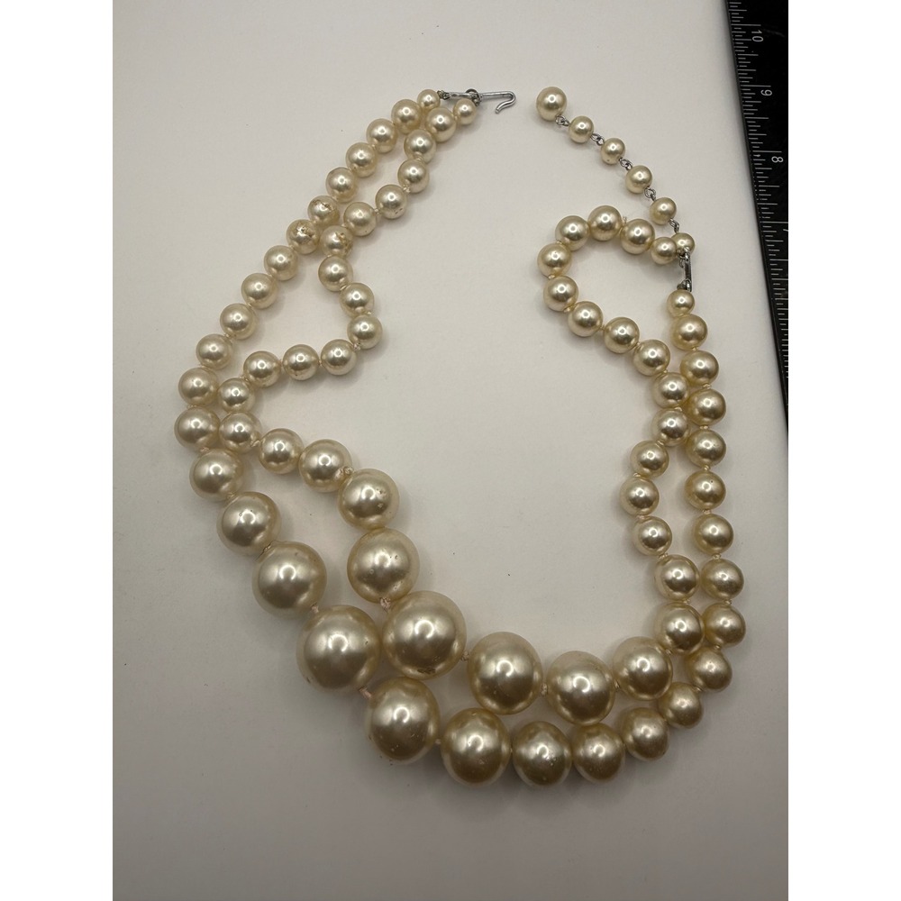 Vintage Japan Double Strand Graduated Faux Pearl‎ Necklace Cream Adjustable 17"
